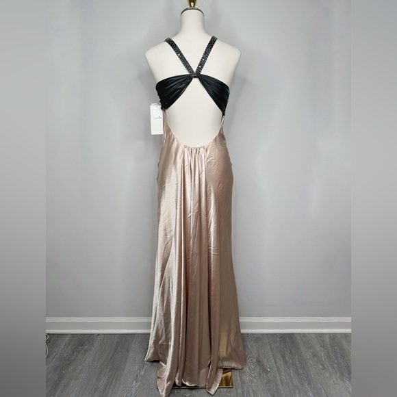 Vintage NWT Adrianna Papell Champagne Black Asymmetrical Neckline Gown Dress - Picture 2 of 14
